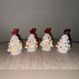 Mini Ceramic Christmas Tree Set with Red and Pink Hearts